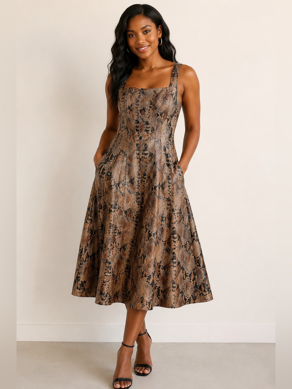 7 For All Mankind Brown Snake-Print Square-Neck Midi Dress - Fits XXS